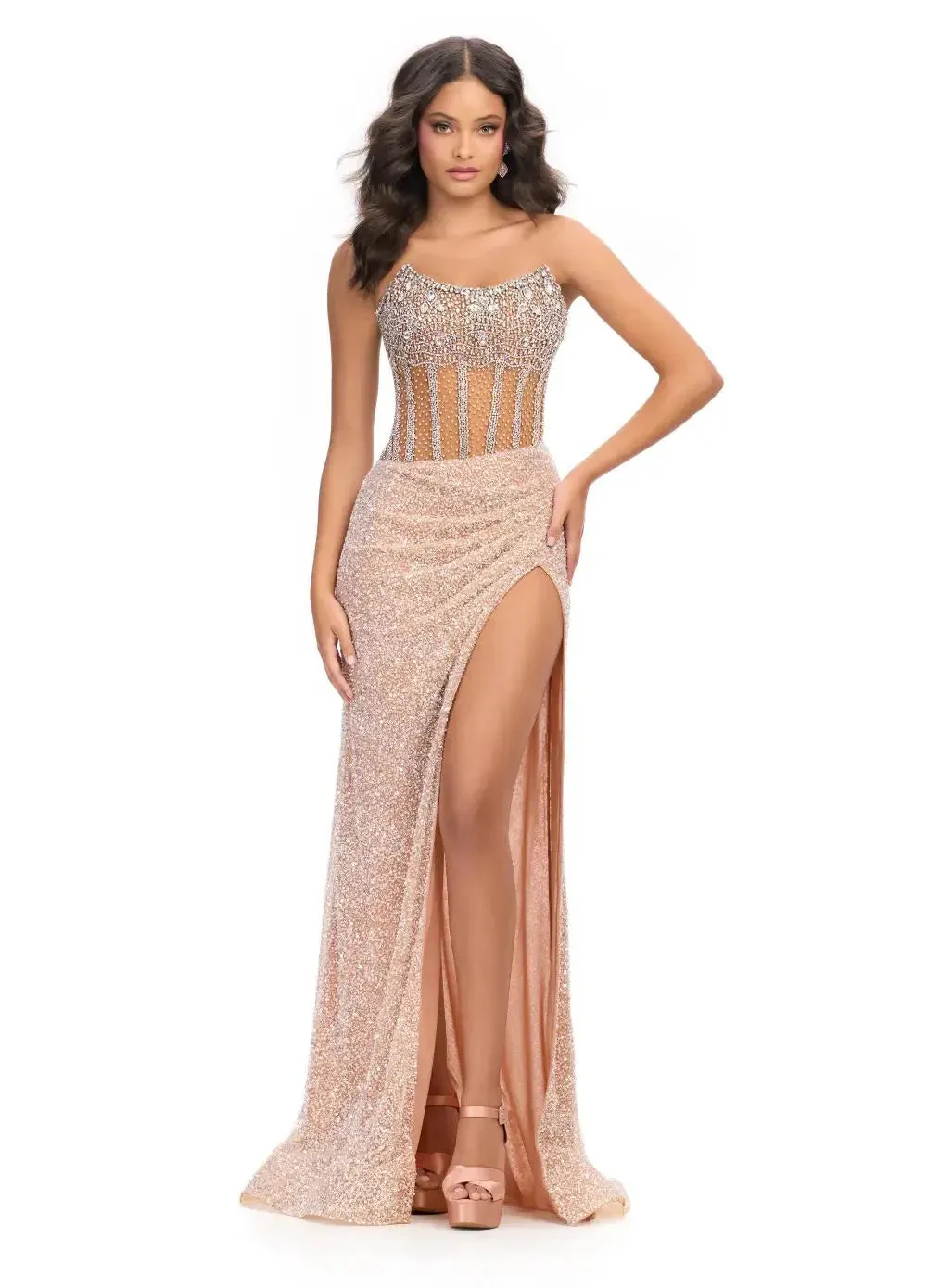 Ashley Lauren 11830 Size 4 Nude Sequin Sheer Crystal Corset Prom Dress Pageant Gown Slit strapless