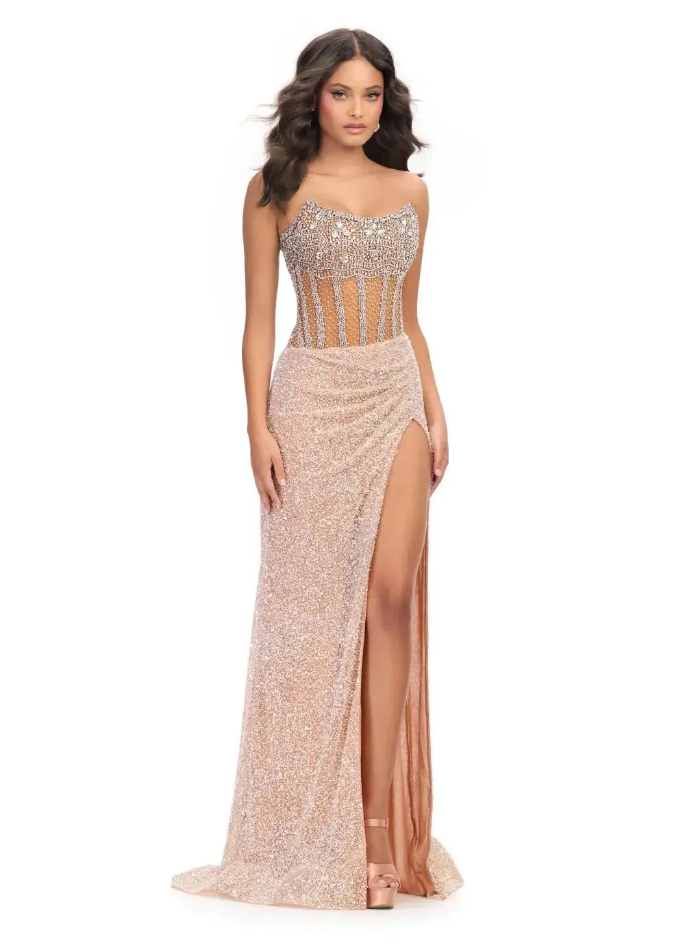 Ashley Lauren 11830 Size 4 Nude Sequin Sheer Crystal Corset Prom Dress Pageant Gown Slit strapless