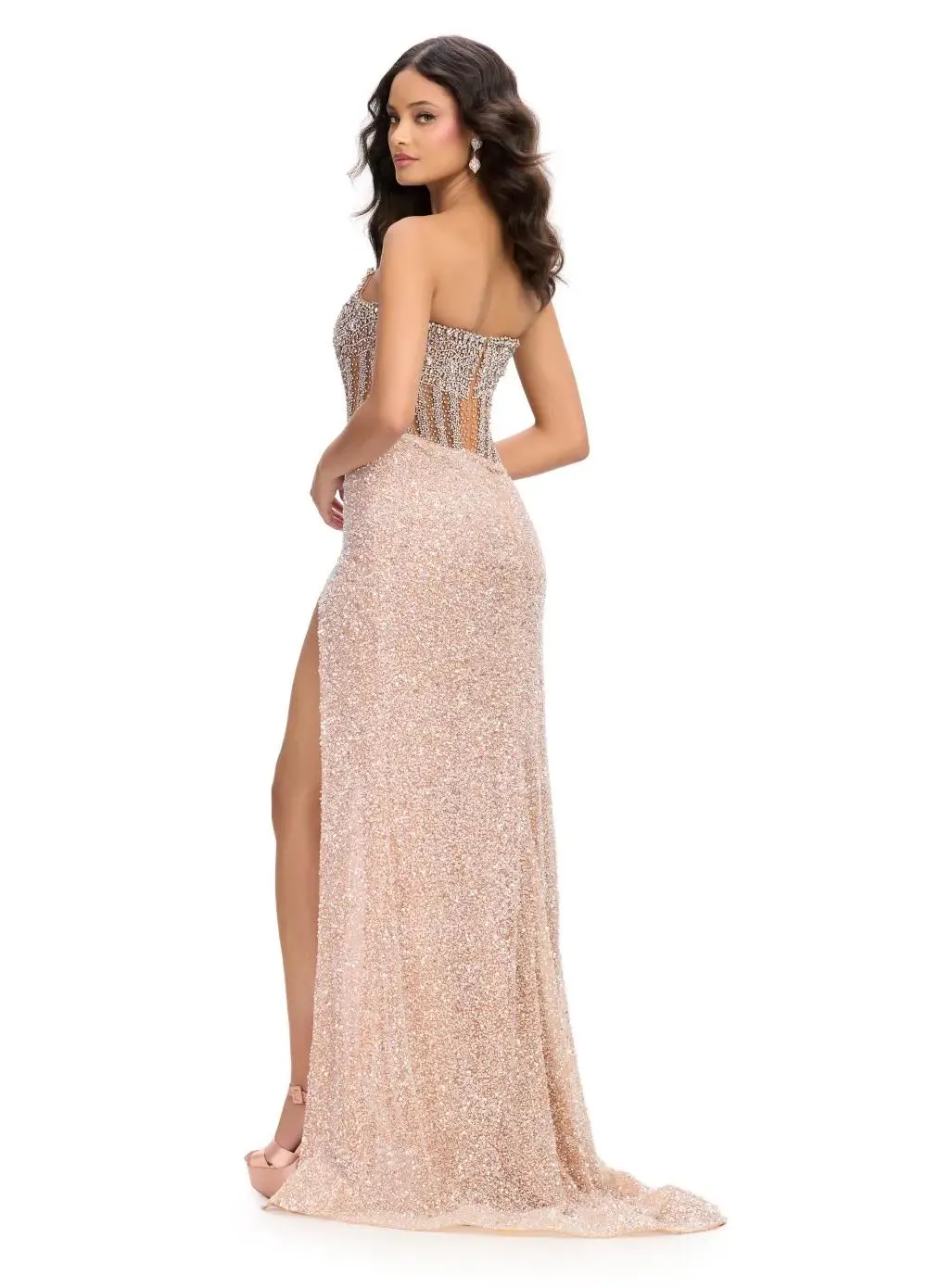 Ashley Lauren 11830 Size 4 Nude Sequin Sheer Crystal Corset Prom Dress Pageant Gown Slit strapless