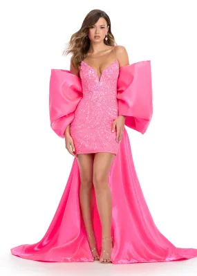 Ashley Lauren 12007 HOT PINK Oversize Bow Cape off the Shoulder Satin Shimmer Formal Accessory