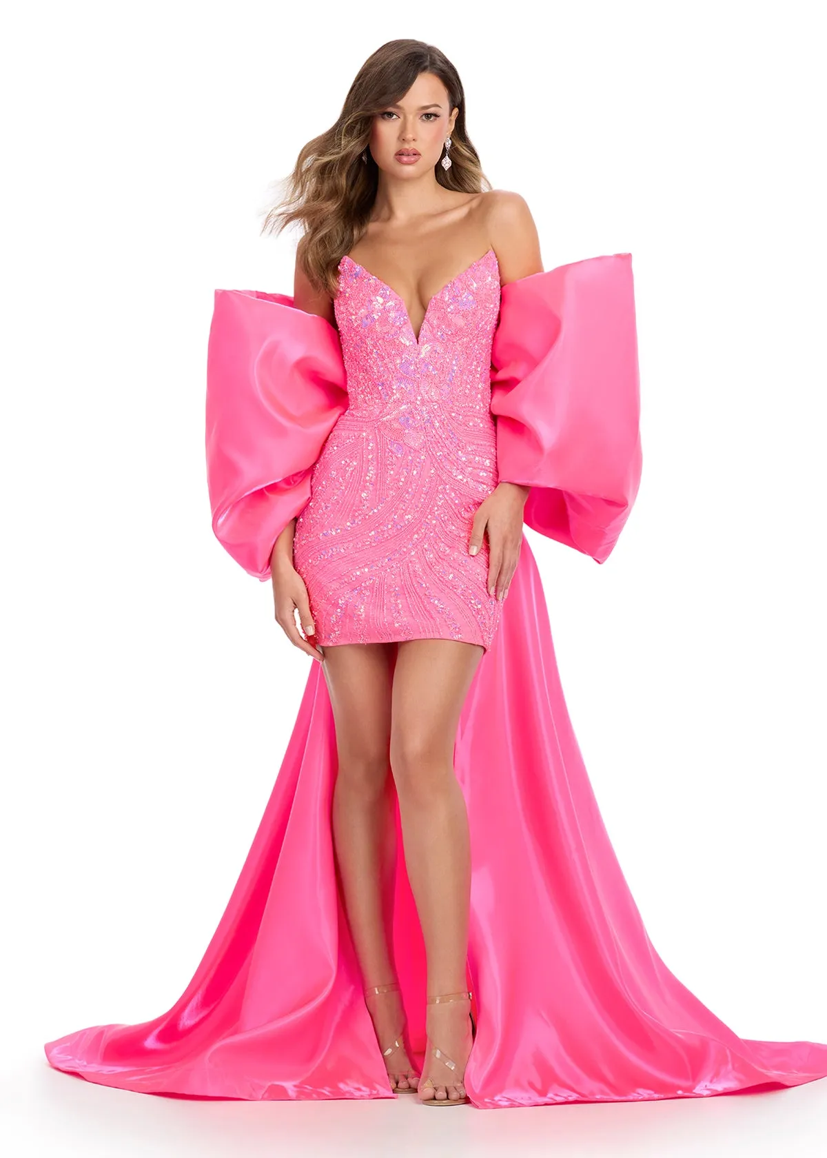 Ashley Lauren 12007 HOT PINK Oversize Bow Cape off the Shoulder Satin Shimmer Formal Accessory