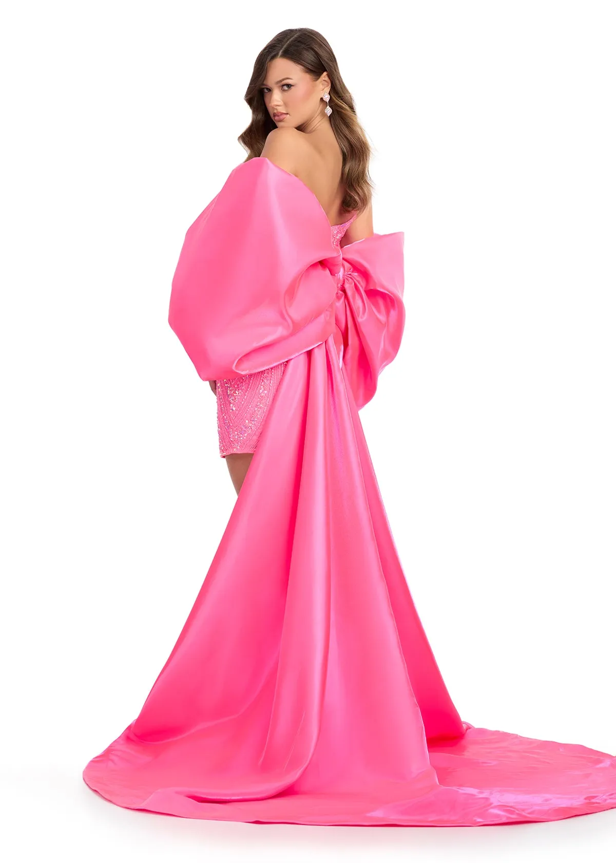 Ashley Lauren 12007 HOT PINK Oversize Bow Cape off the Shoulder Satin Shimmer Formal Accessory