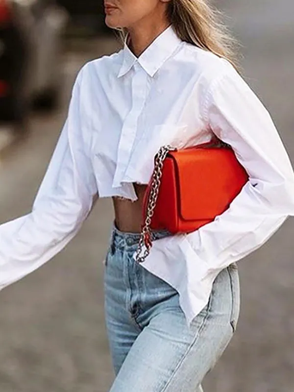 Asymmetric Fringed Pockets Solid Color Cropped Long Sleeves Blouses&shirts Tops