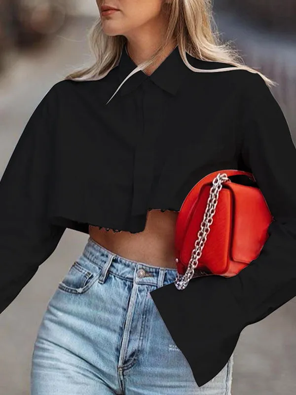 Asymmetric Fringed Pockets Solid Color Cropped Long Sleeves Blouses&shirts Tops