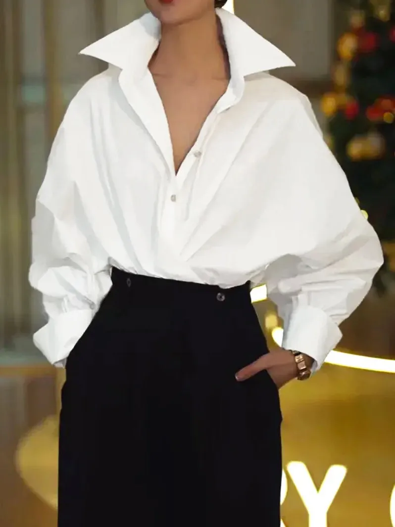 Batwing Sleeves Long Sleeves Buttoned Solid Color Lapel Blouses&Shirts Tops