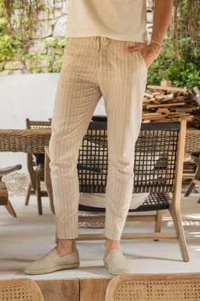 Beige Striped Tapered Mens Linen Trousers Pants Slim Fit