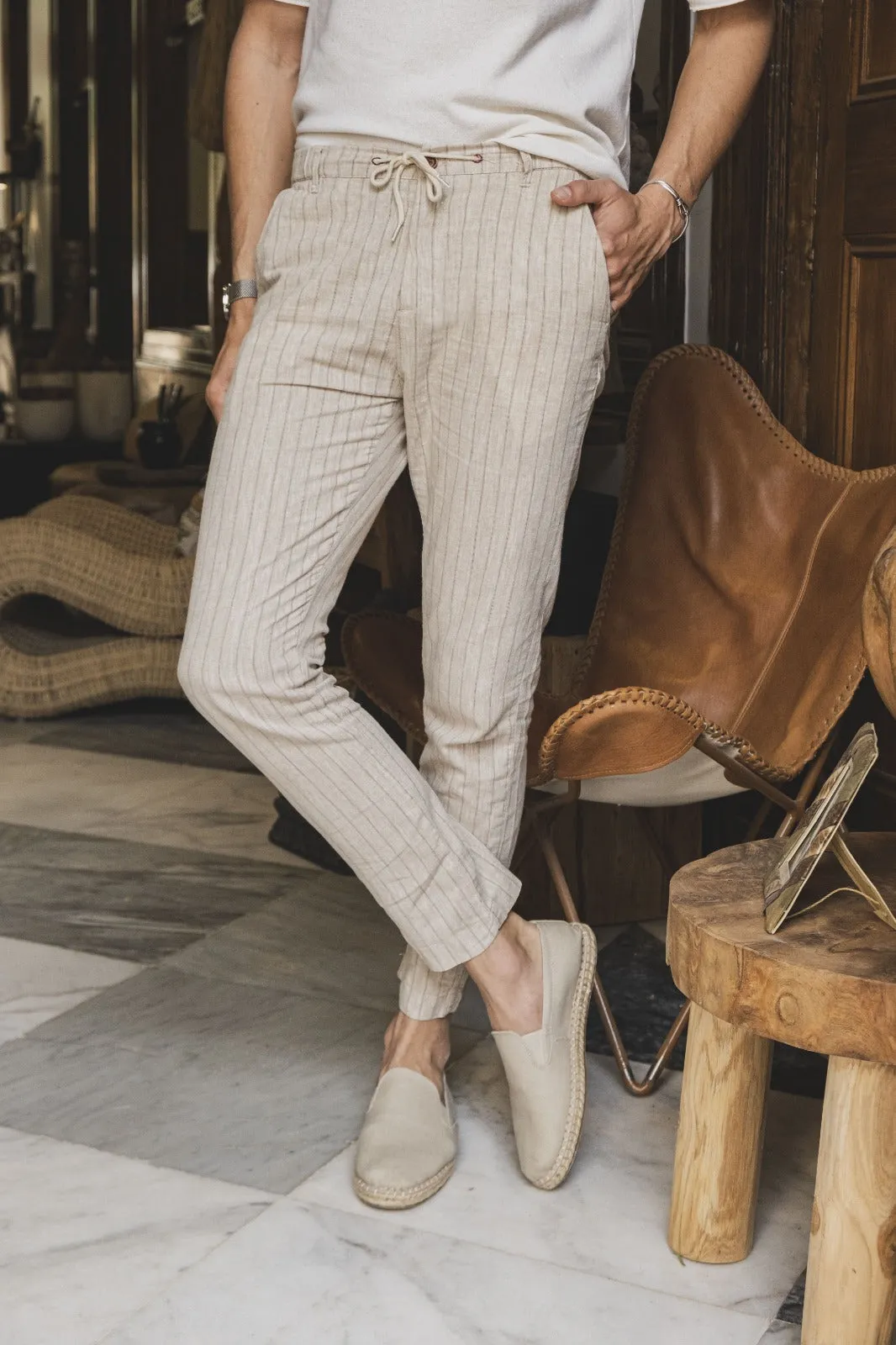 Beige Striped Tapered Mens Linen Trousers Pants Slim Fit