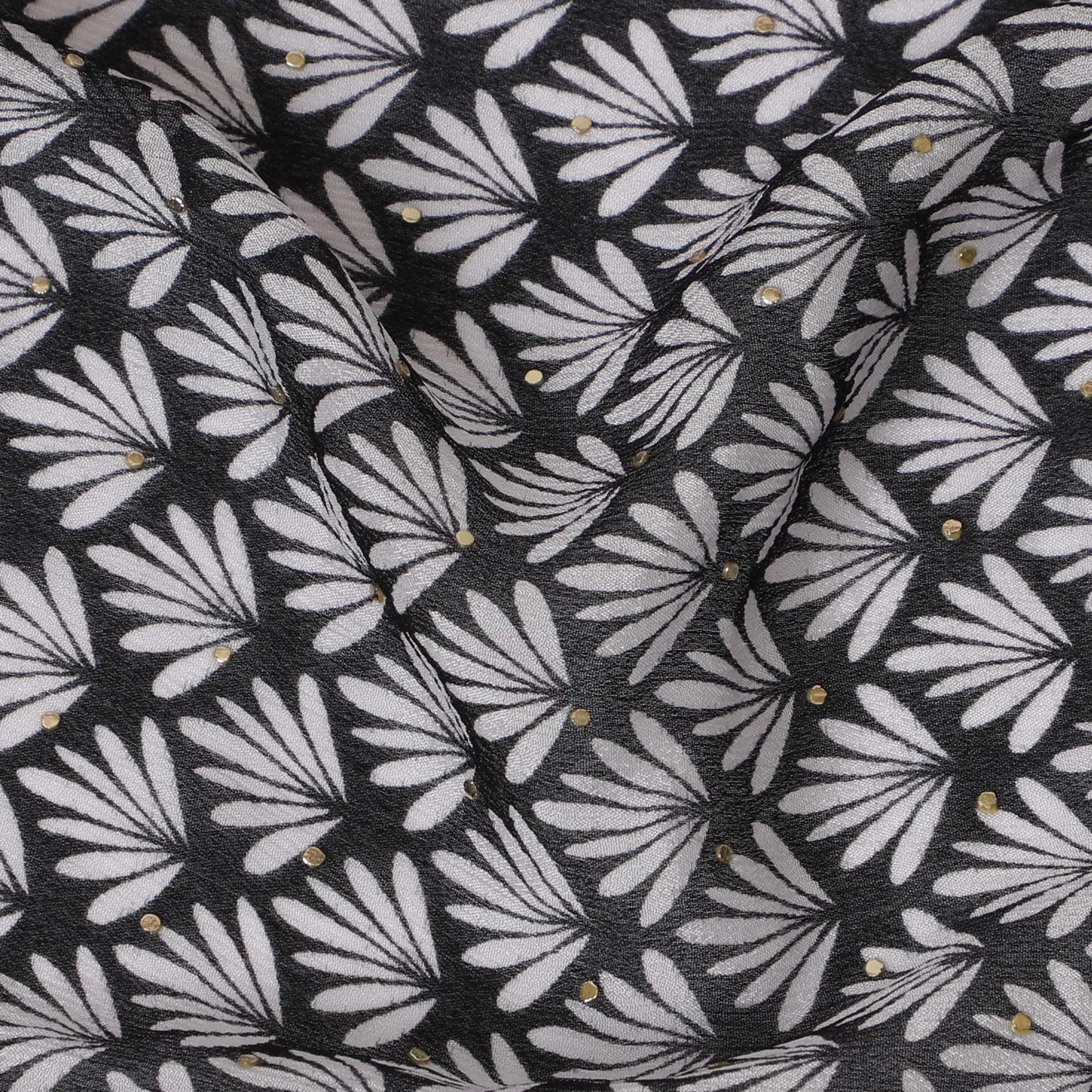 Black and White Floral Synthetic Chinon Fabric with gold foil, 110 cm Width-D19669