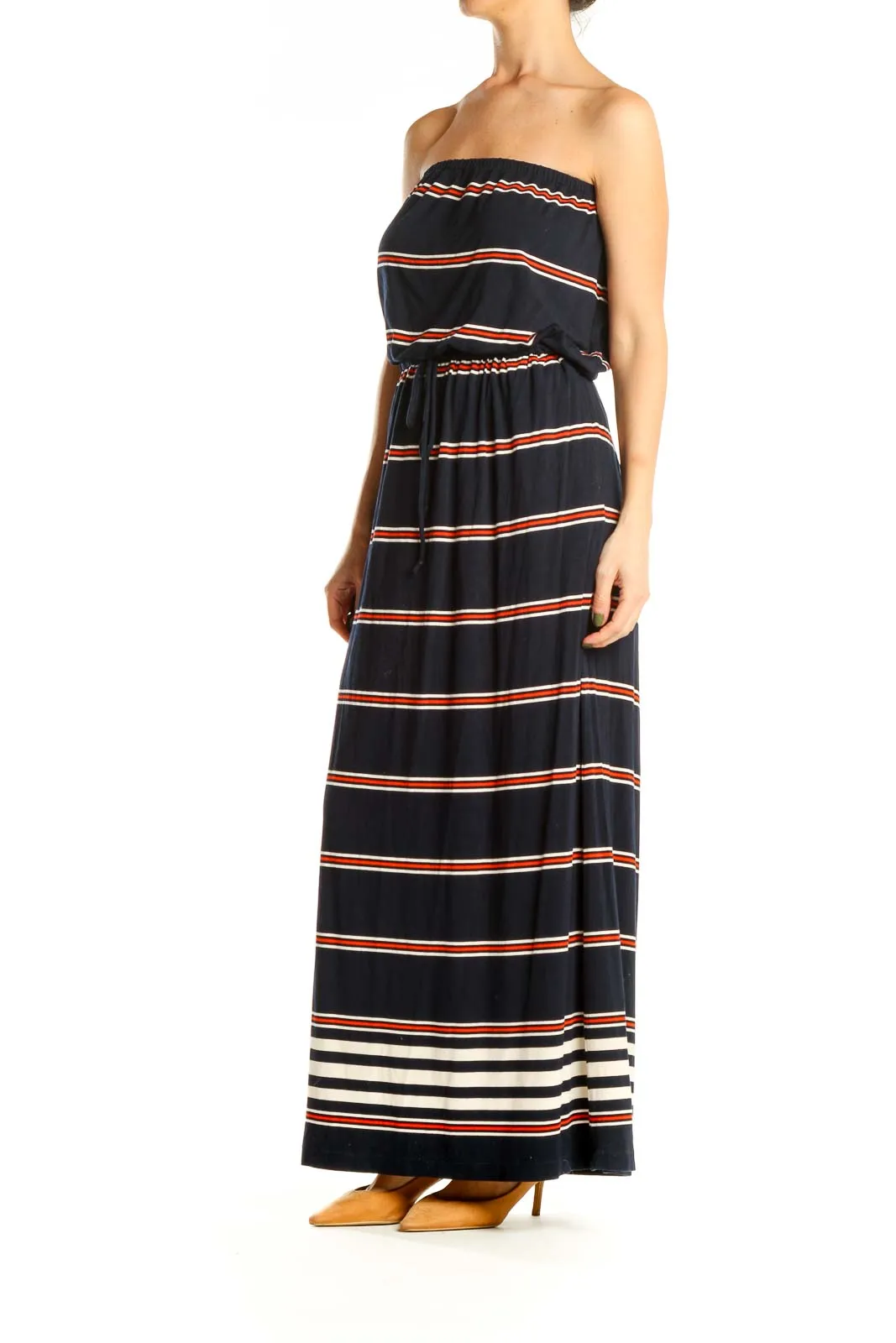 Blue Red Striped Strapless Classic Column Dress