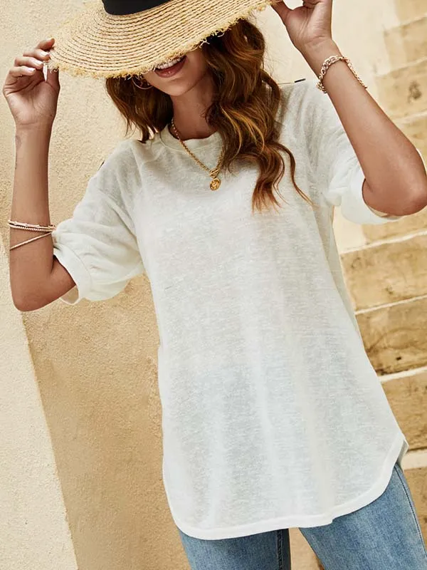 Casual Half Sleeves Loose Solid Color Round-Neck T-Shirts Tops