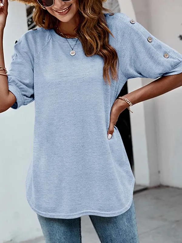 Casual Half Sleeves Loose Solid Color Round-Neck T-Shirts Tops