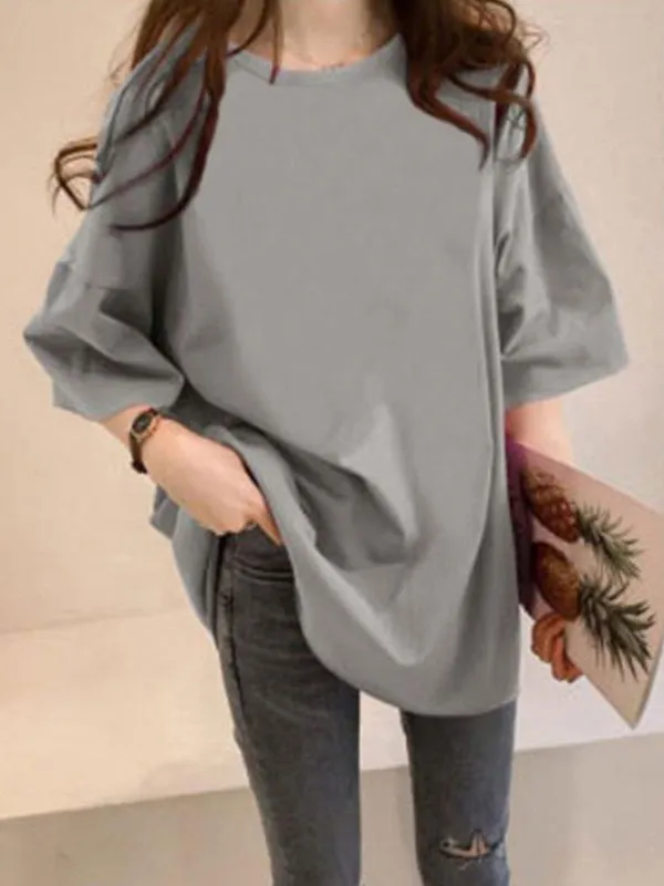 Casual Loose Puff Sleeve Round-Neck T-Shirts Tops