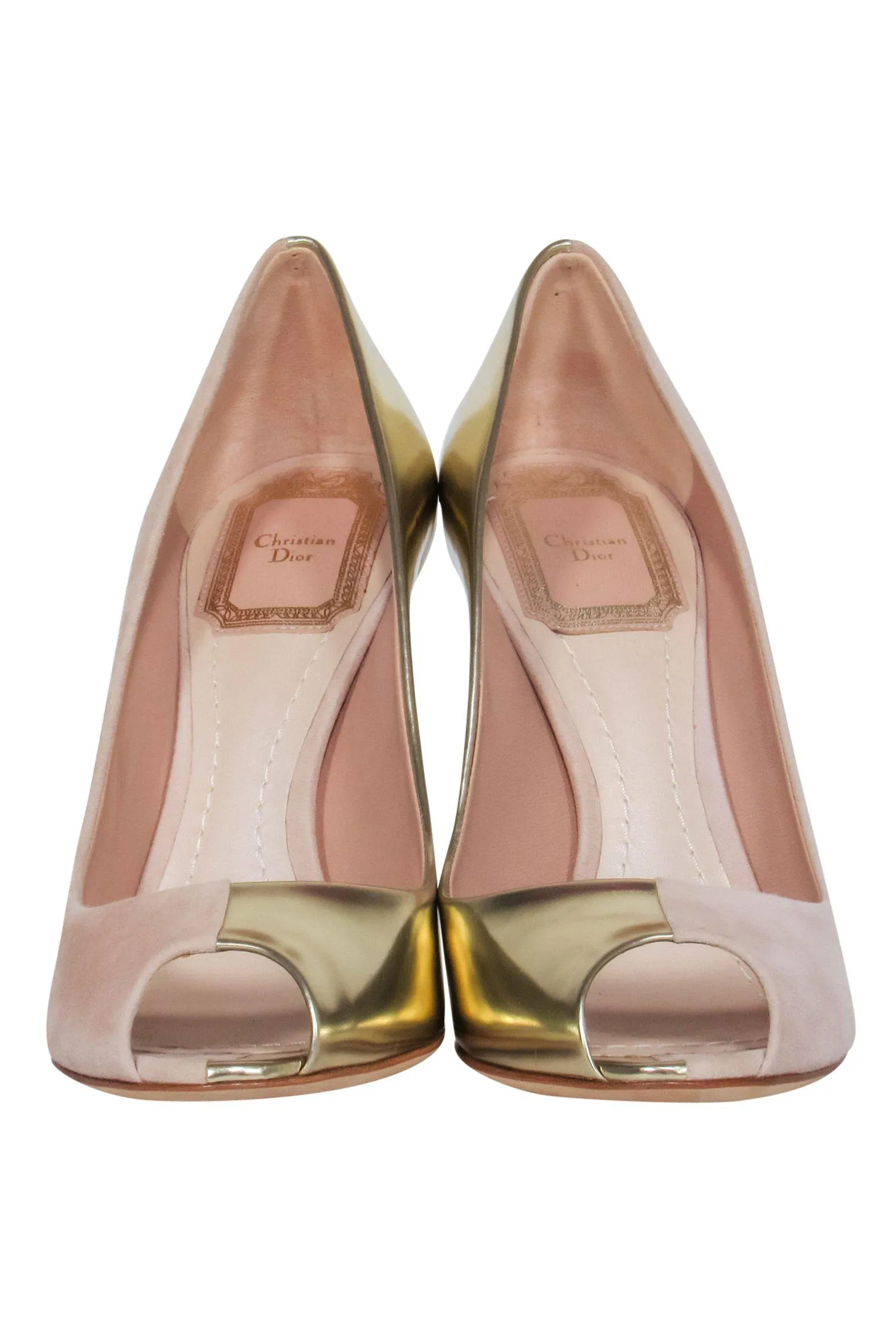 Christian Dior - Beige Suede & Gold Leather Open Toe Pumps Sz 6.5