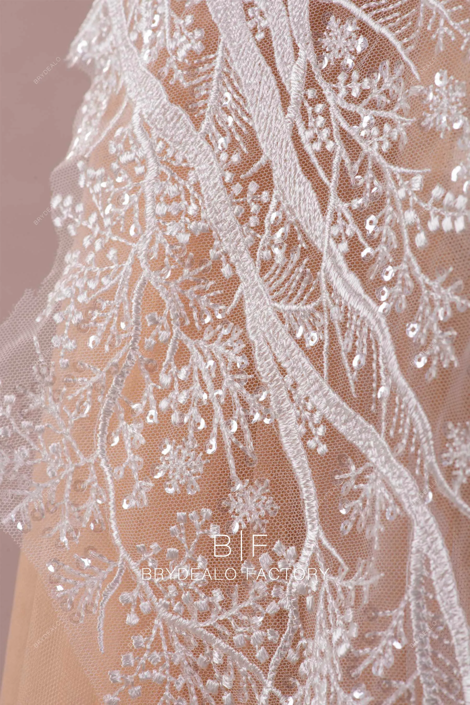 Clear Sequin Twig Embroidery Bridal Lace Fabric