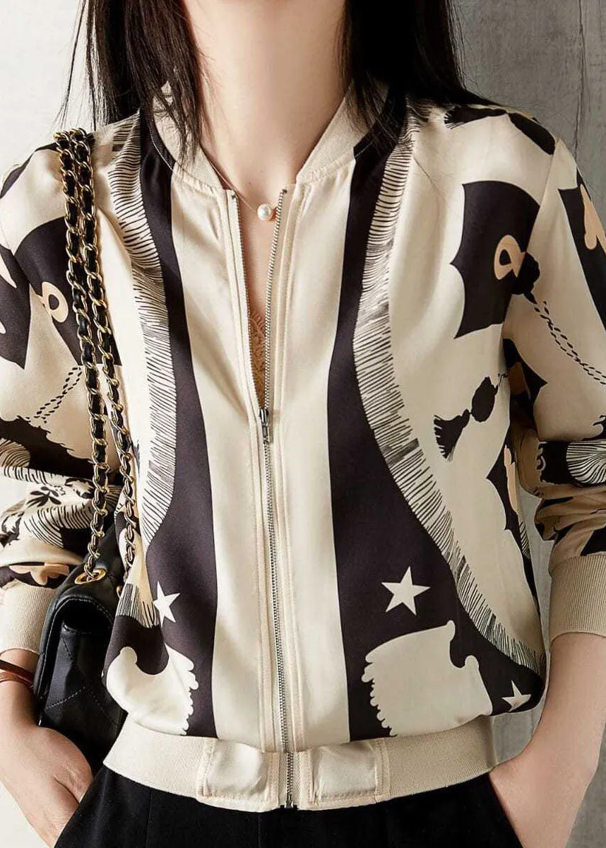 Elegant Beige V Neck Zippered Patchwork Print Silk Coat Spring