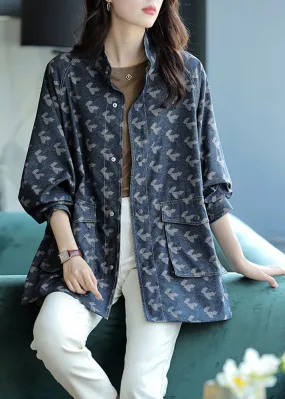 Elegant Blue Stand Collar Print Pockets Coats Long Sleeve LY9912