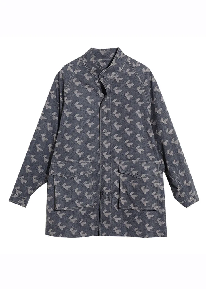 Elegant Blue Stand Collar Print Pockets Coats Long Sleeve LY9912