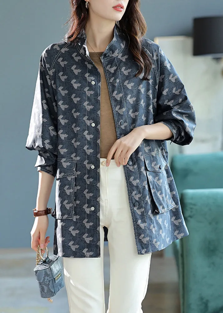 Elegant Blue Stand Collar Print Pockets Coats Long Sleeve LY9912