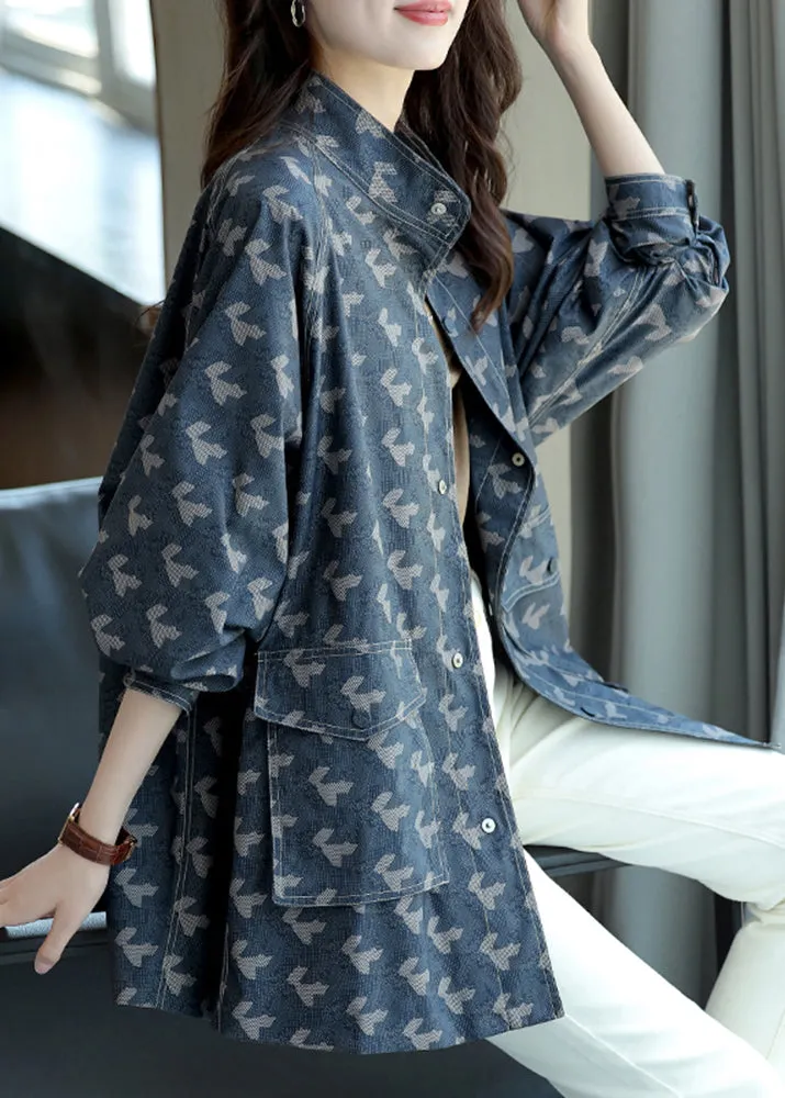 Elegant Blue Stand Collar Print Pockets Coats Long Sleeve LY9912