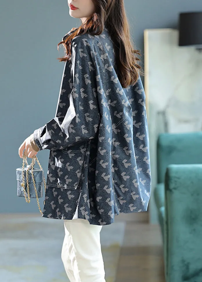 Elegant Blue Stand Collar Print Pockets Coats Long Sleeve LY9912