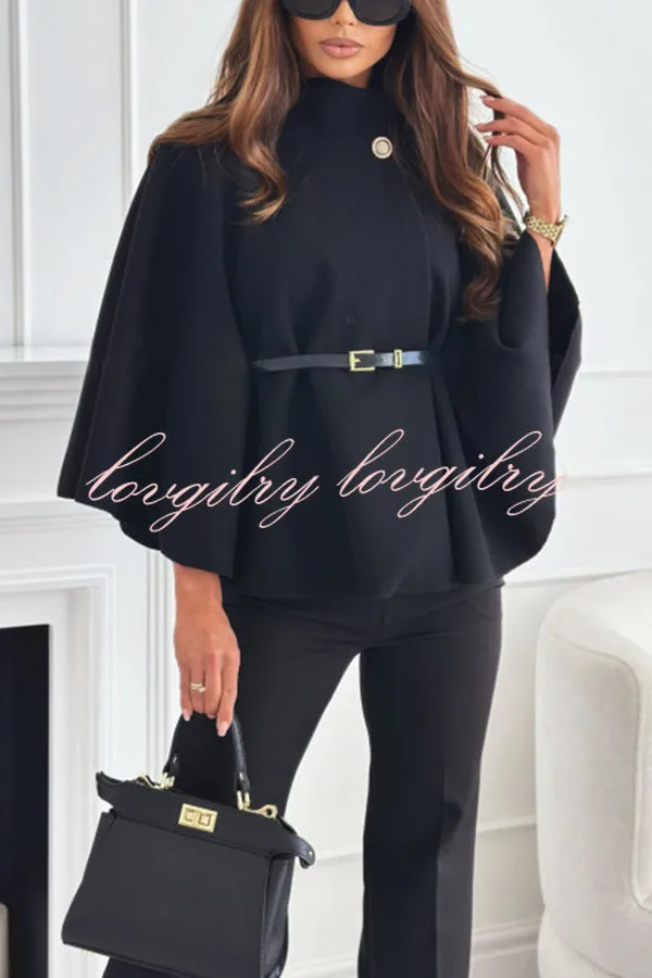 Elegant Moment Woolen Button Turtleneck Belted Oversized Cape