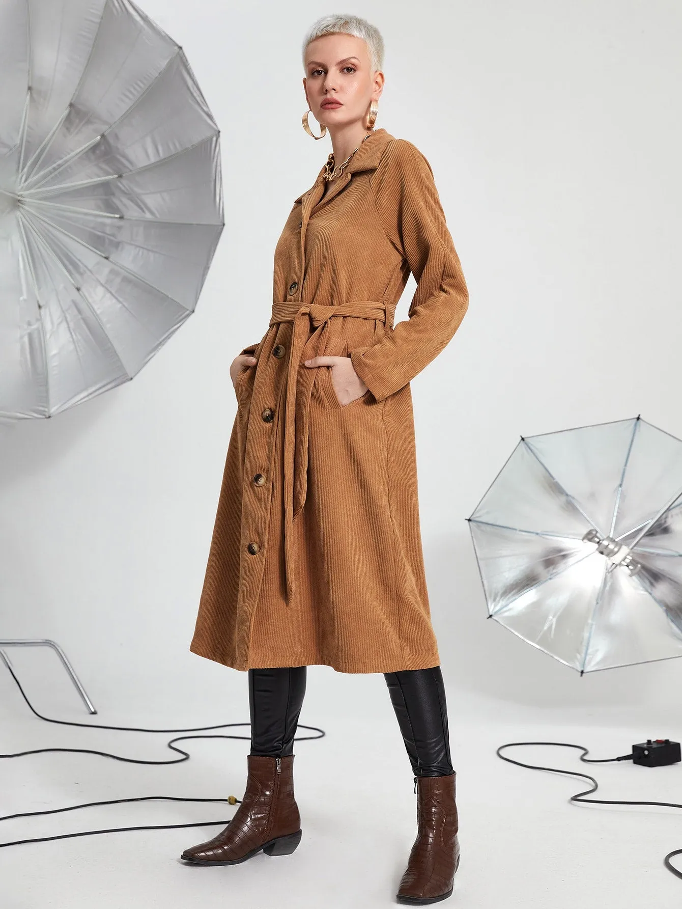 Elegant Plain Button Front Long Sleeve Collar Midi Women Coat