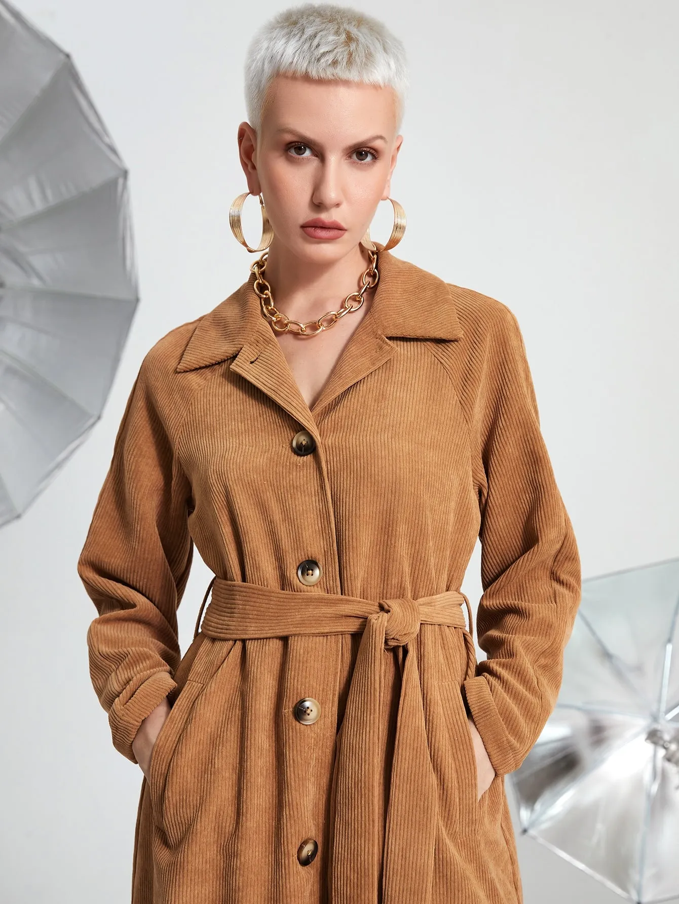 Elegant Plain Button Front Long Sleeve Collar Midi Women Coat