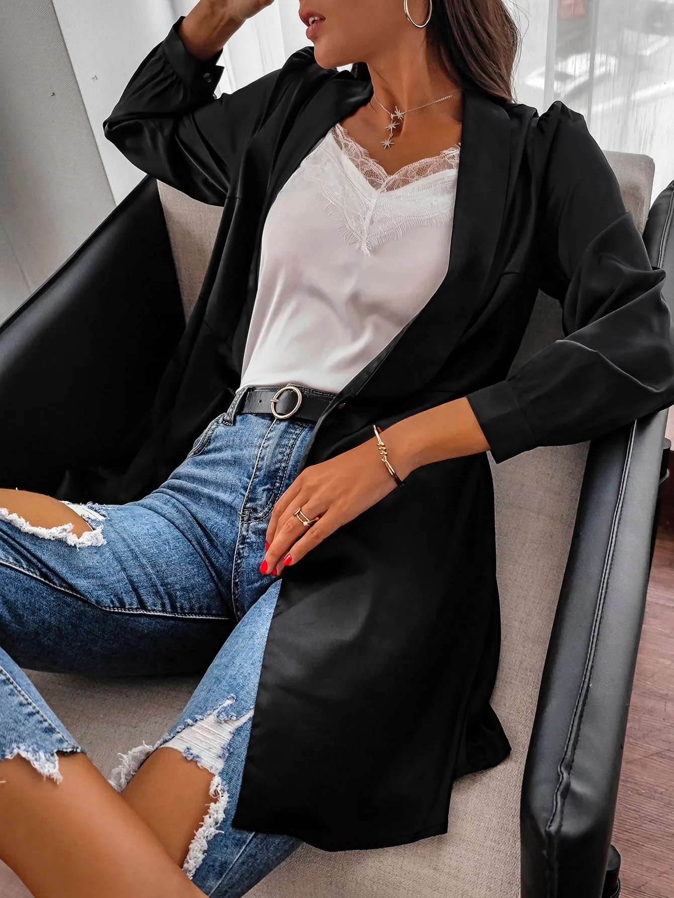 Elegant Plain Button Long Sleeve Shawl Collar Short Women Coat