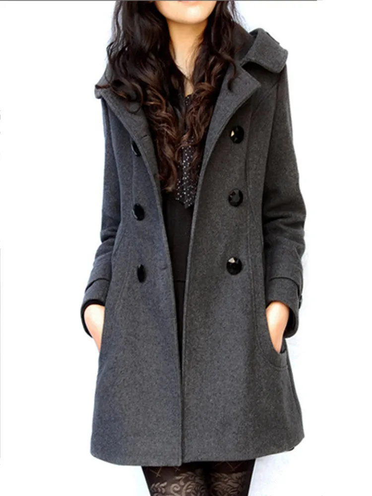 Elegant Women Double Breasted Hooded Coats