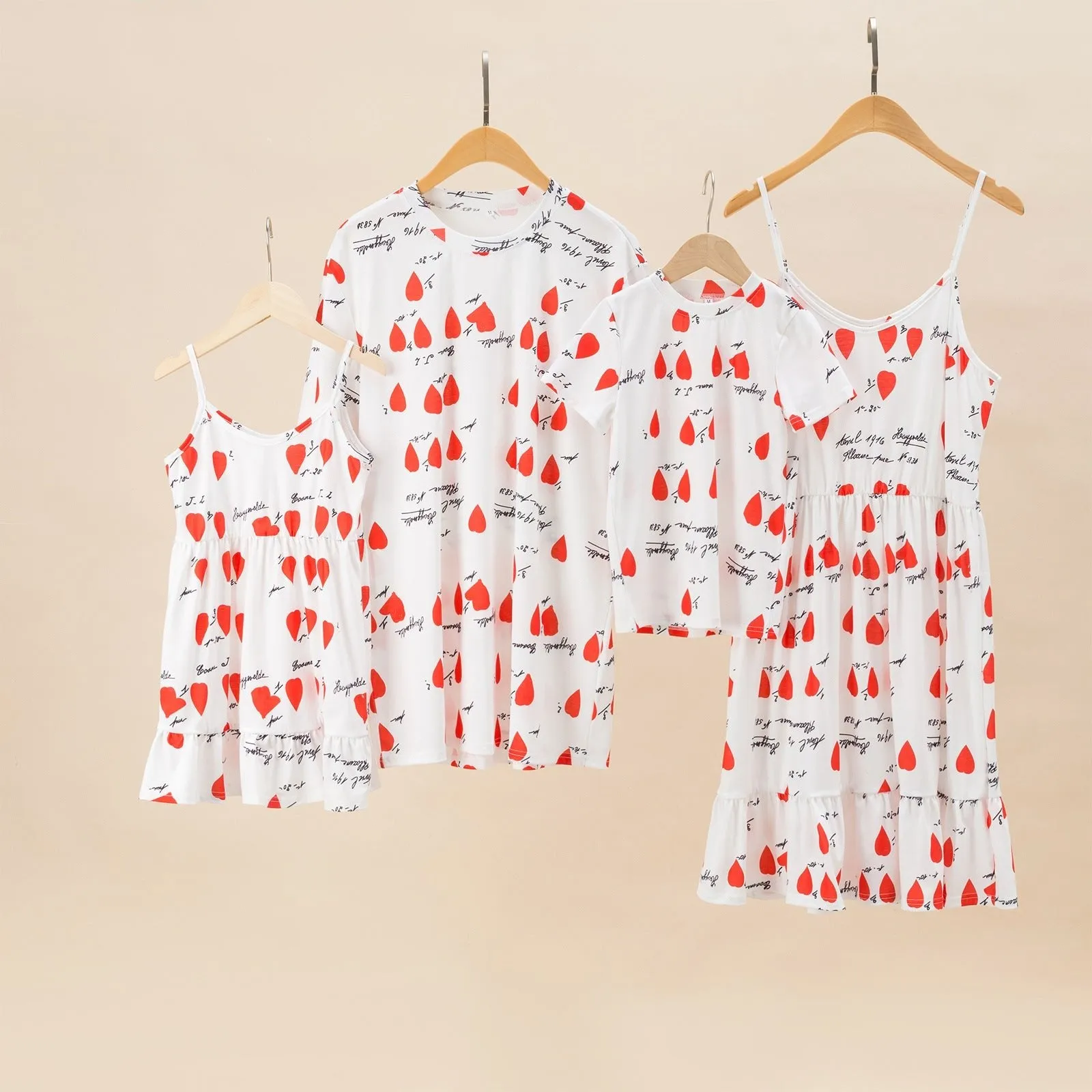 Family Matching Solid V Neck Heart Print Dresses and Short-sleeve T-shirts Sets