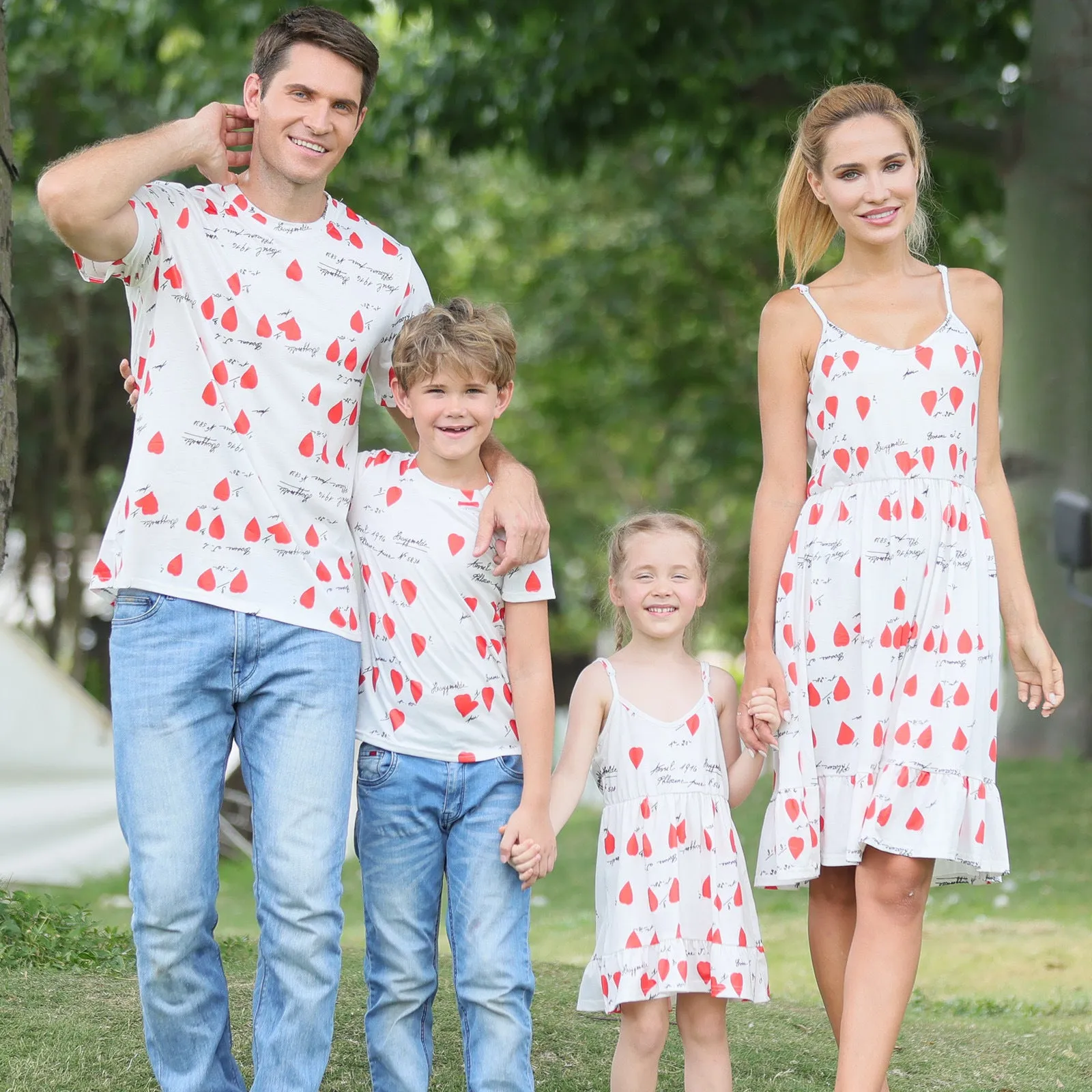 Family Matching Solid V Neck Heart Print Dresses and Short-sleeve T-shirts Sets