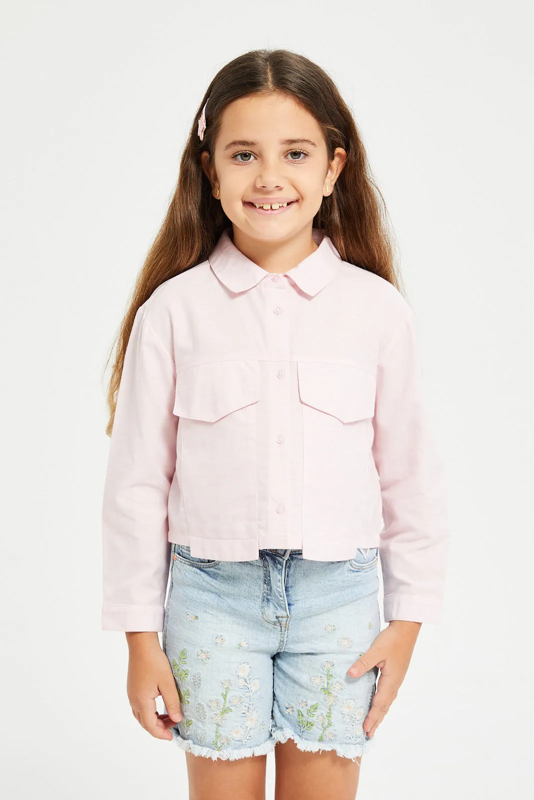 Girls Pink Chambray Button Front Blouse