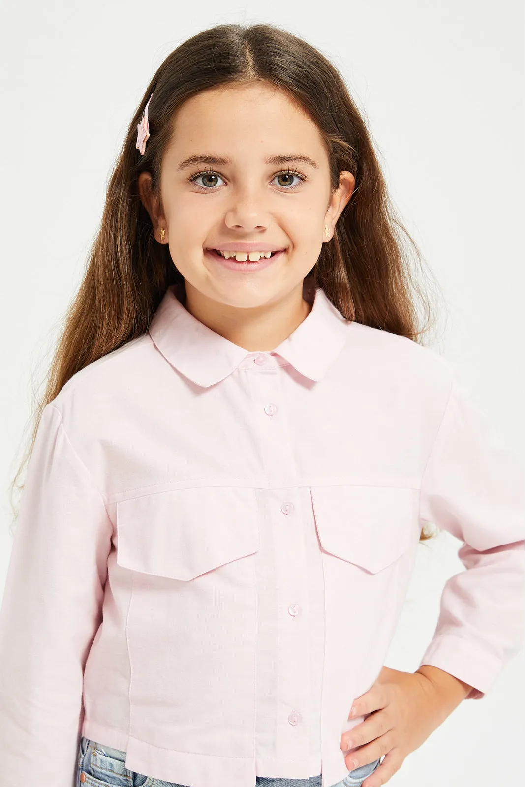 Girls Pink Chambray Button Front Blouse