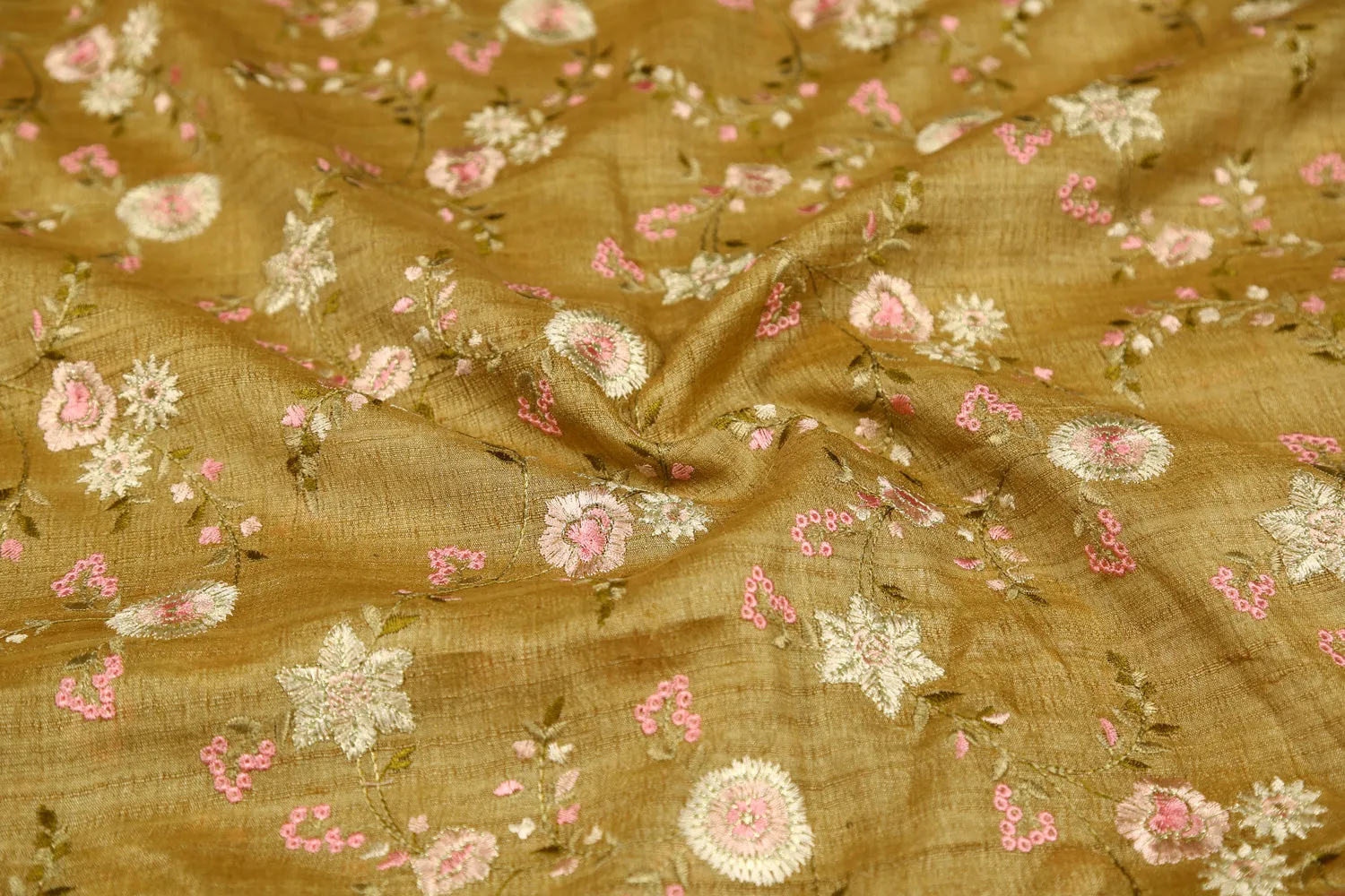 Golden Embroidered Tussar Silk Fabric