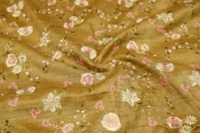 Golden Embroidered Tussar Silk Fabric