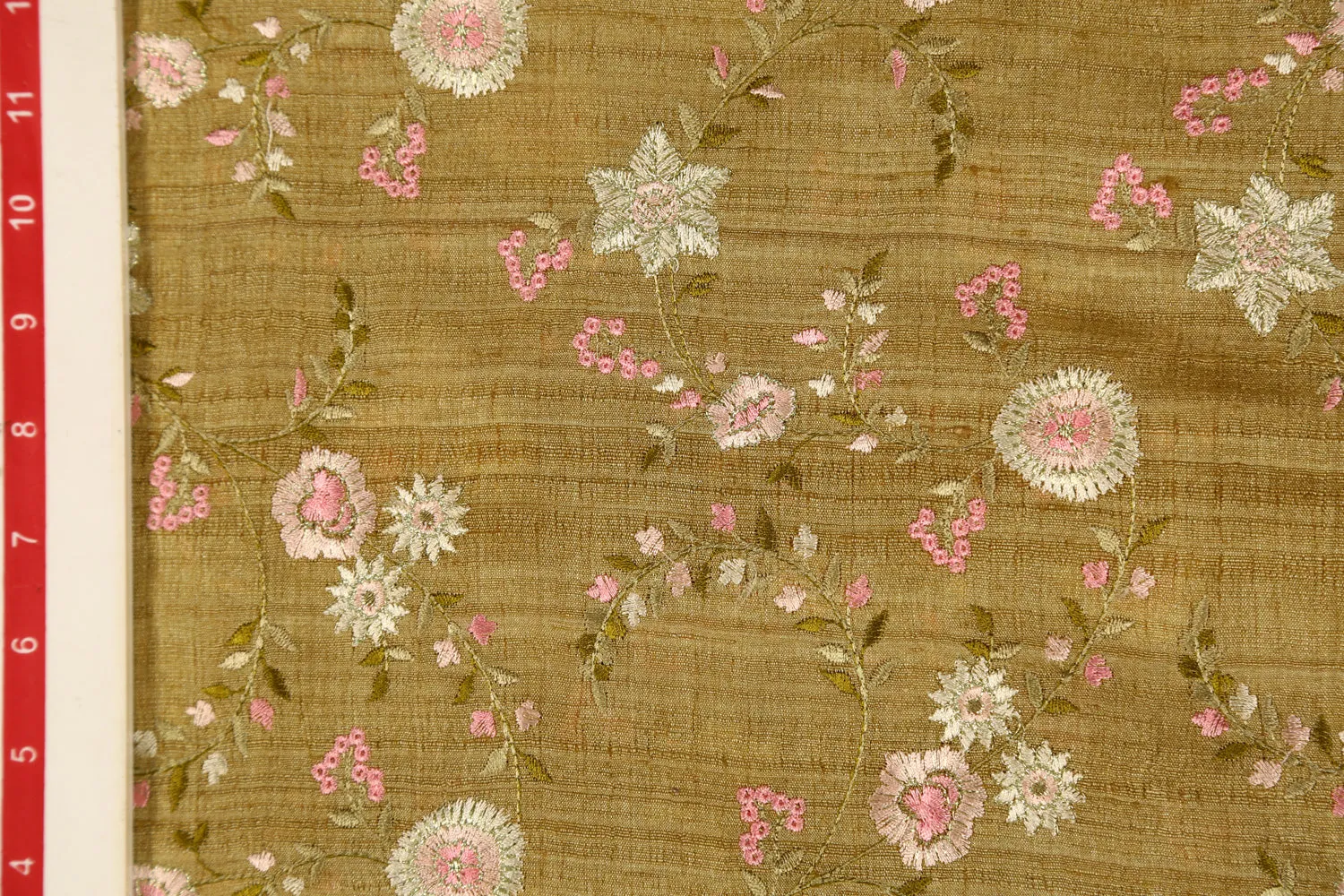 Golden Embroidered Tussar Silk Fabric