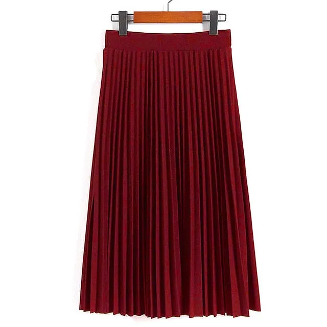 High Waist Pleated Solid Color Ankle Length Skirt