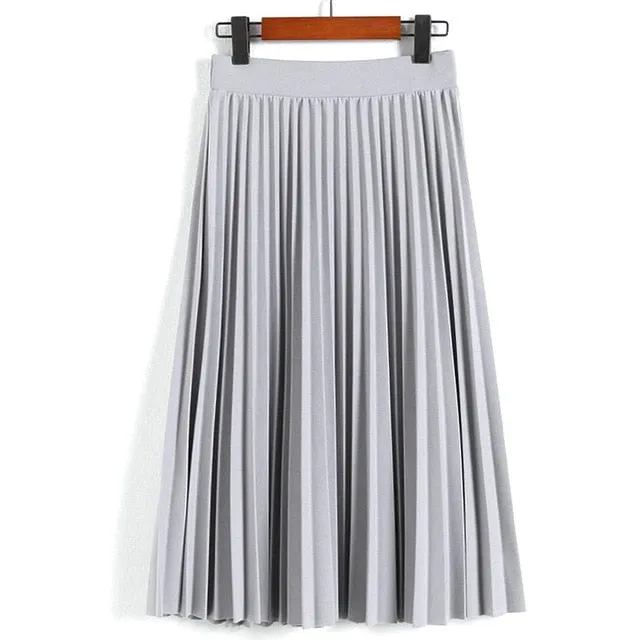 High Waist Pleated Solid Color Ankle Length Skirt