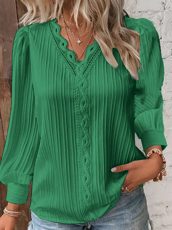 Hollow Solid Color Long Sleeves Loose V-Neck T-Shirts