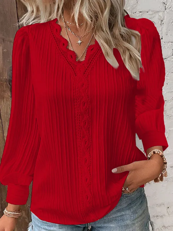 Hollow Solid Color Long Sleeves Loose V-Neck T-Shirts