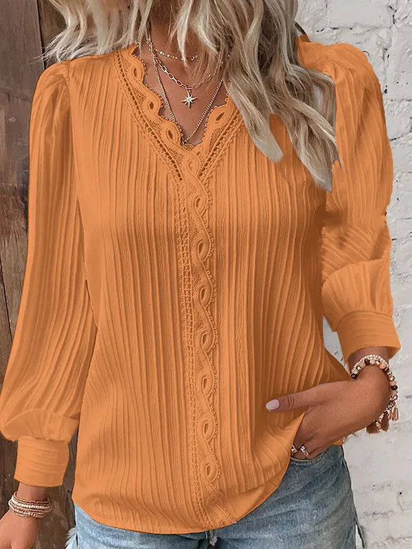 Hollow Solid Color Long Sleeves Loose V-Neck T-Shirts