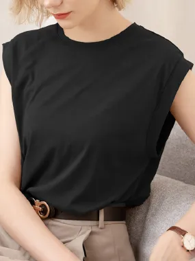 Hollow Solid Color Loose Sleeveless Round-Neck T-Shirts