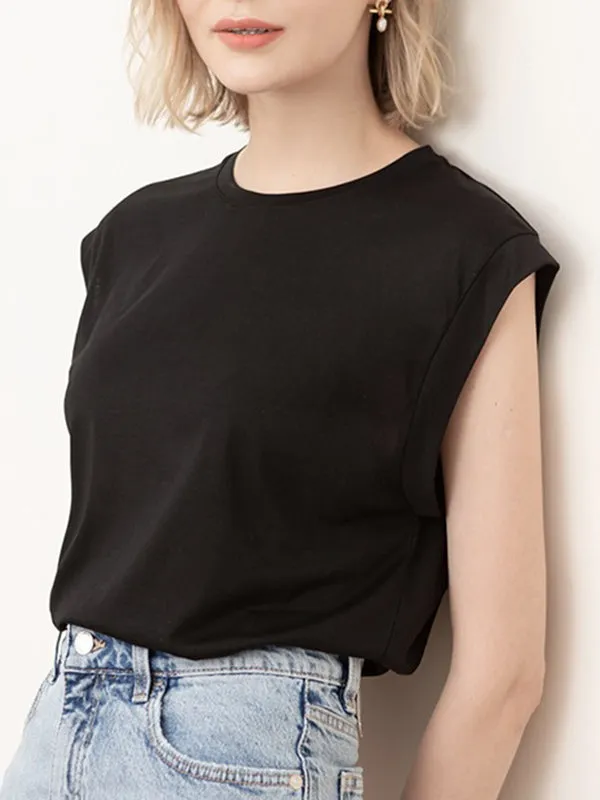 Hollow Solid Color Loose Sleeveless Round-Neck T-Shirts