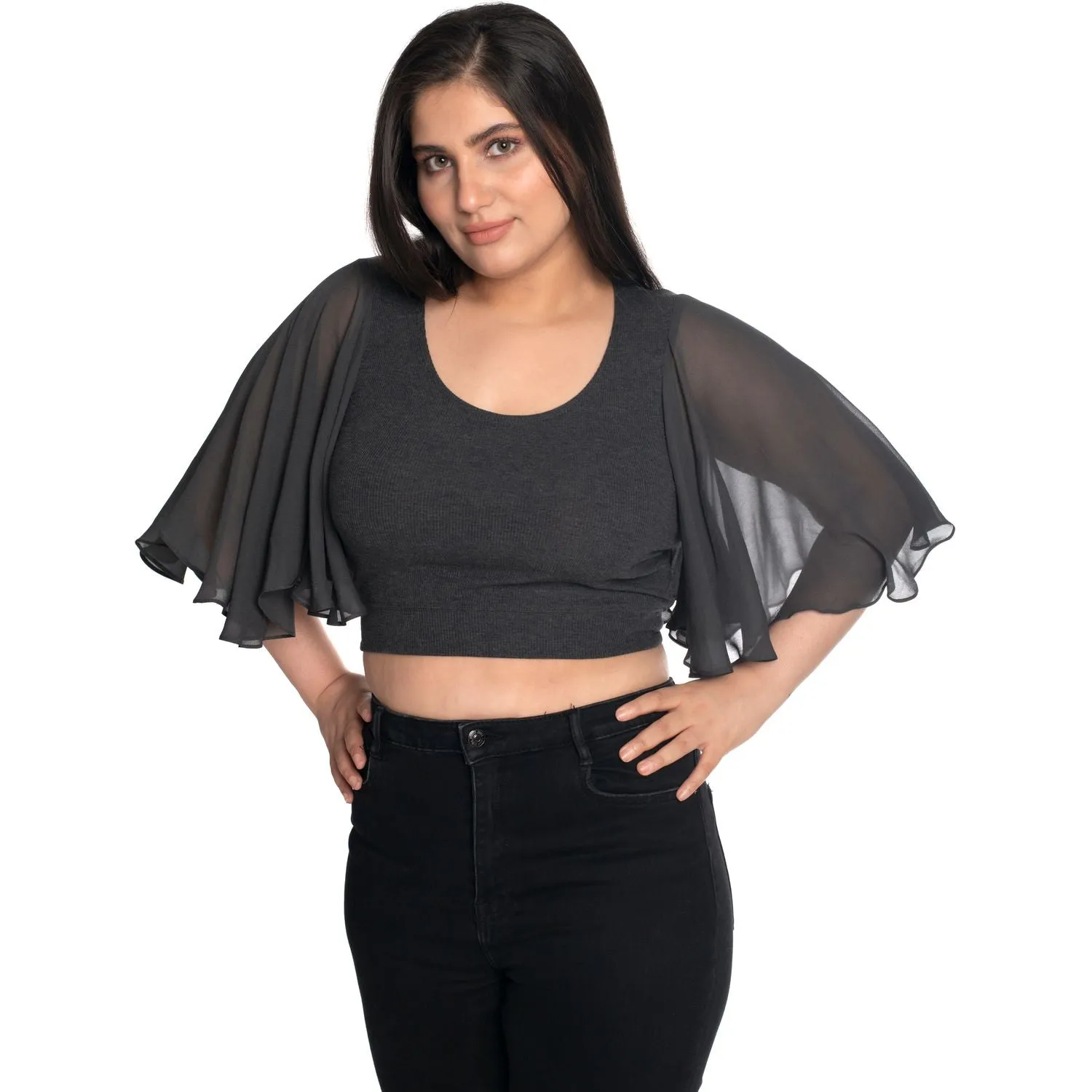 Hosiery Deep Neck Blouses - Butterfly Sleeves - Plus Size