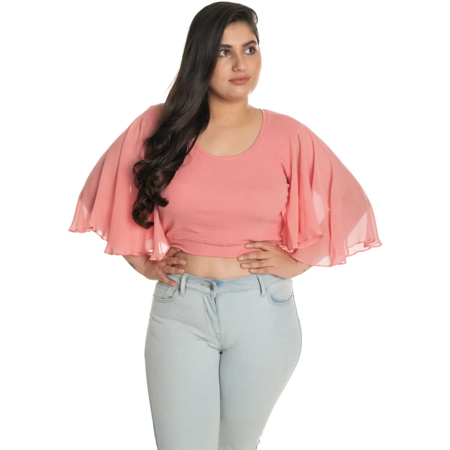 Hosiery Deep Neck Blouses - Butterfly Sleeves - Plus Size