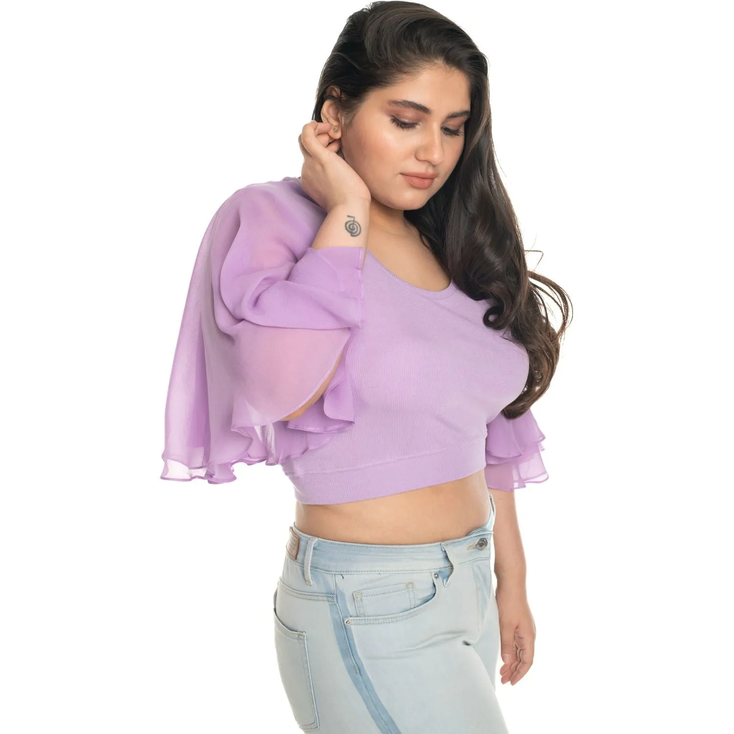 Hosiery Deep Neck Blouses - Butterfly Sleeves - Plus Size