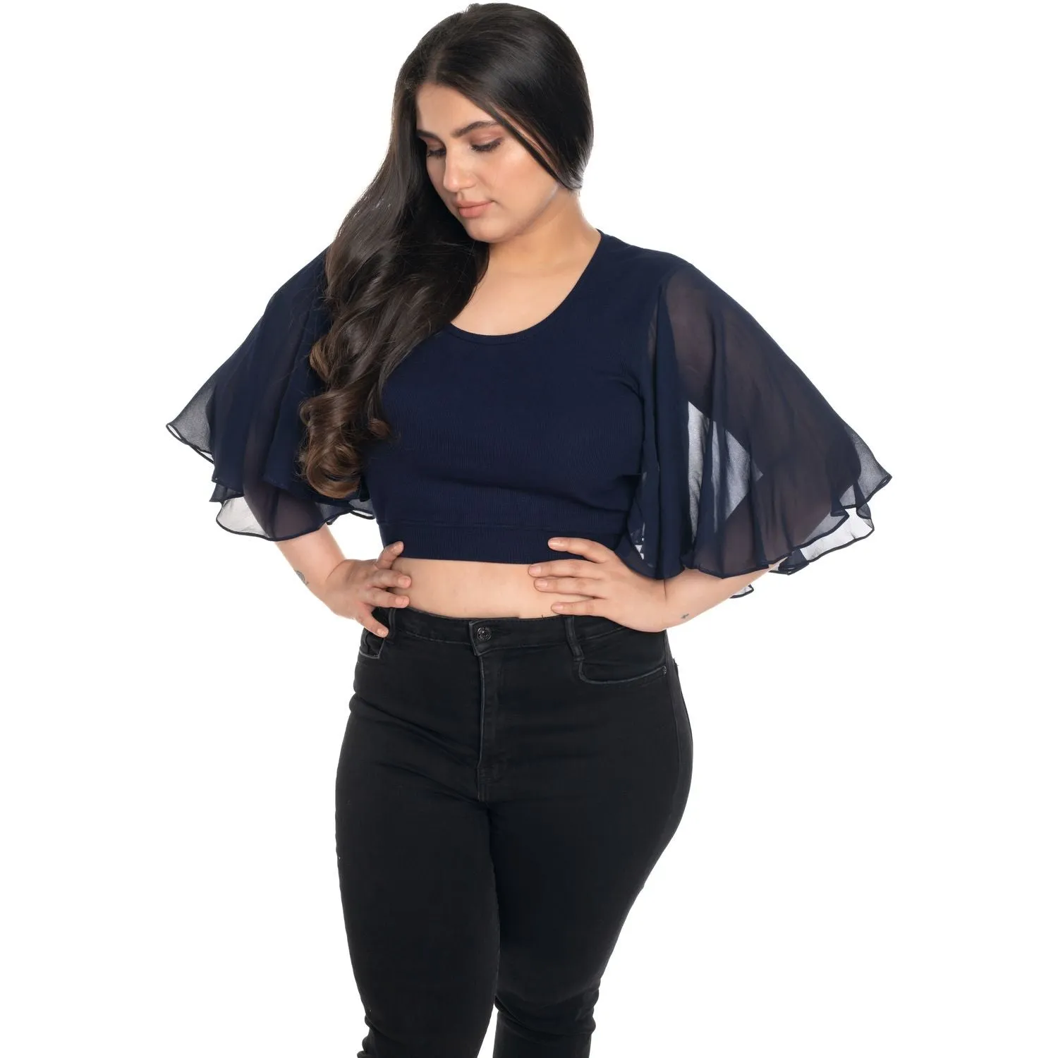 Hosiery Deep Neck Blouses - Butterfly Sleeves - Plus Size