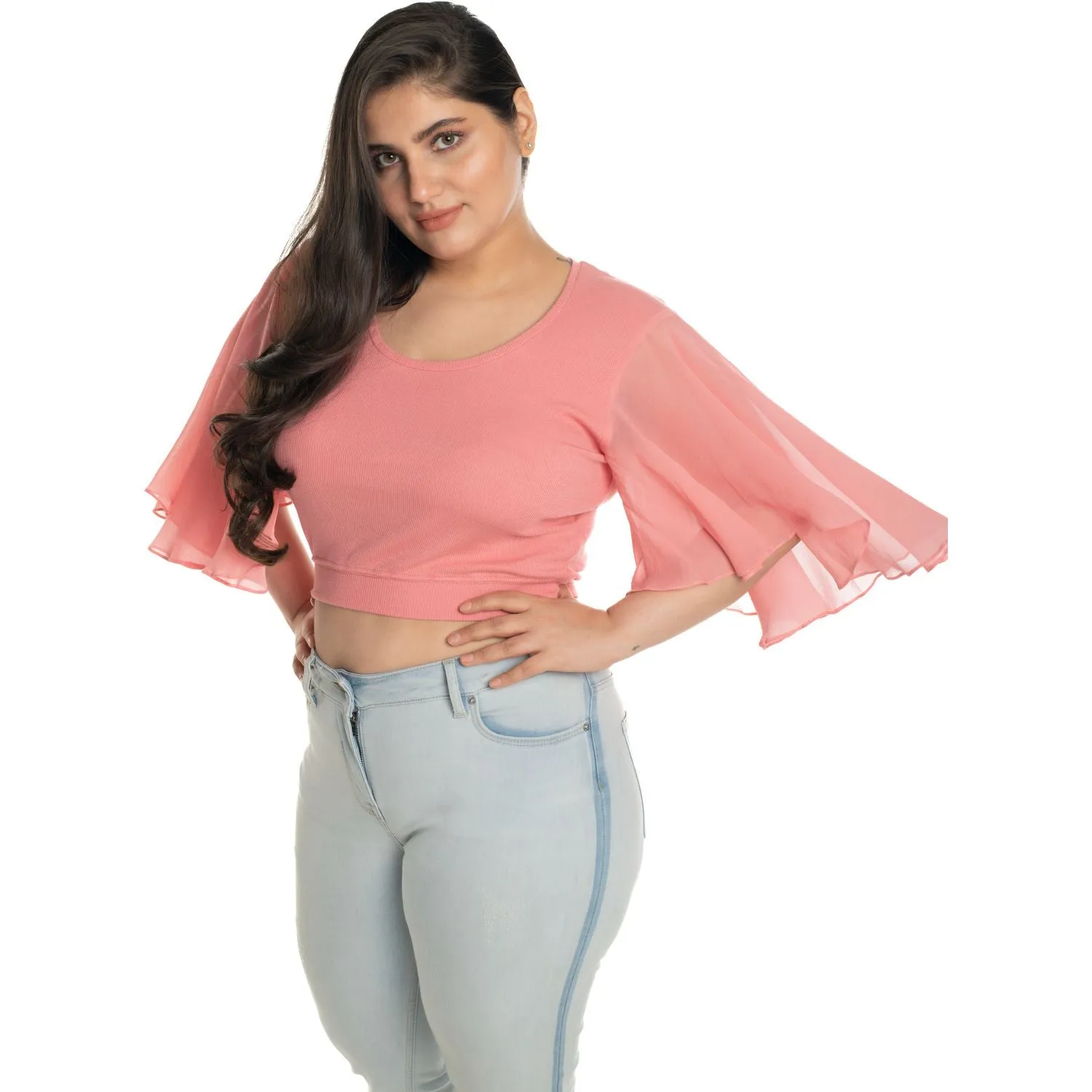 Hosiery Deep Neck Blouses - Butterfly Sleeves - Plus Size