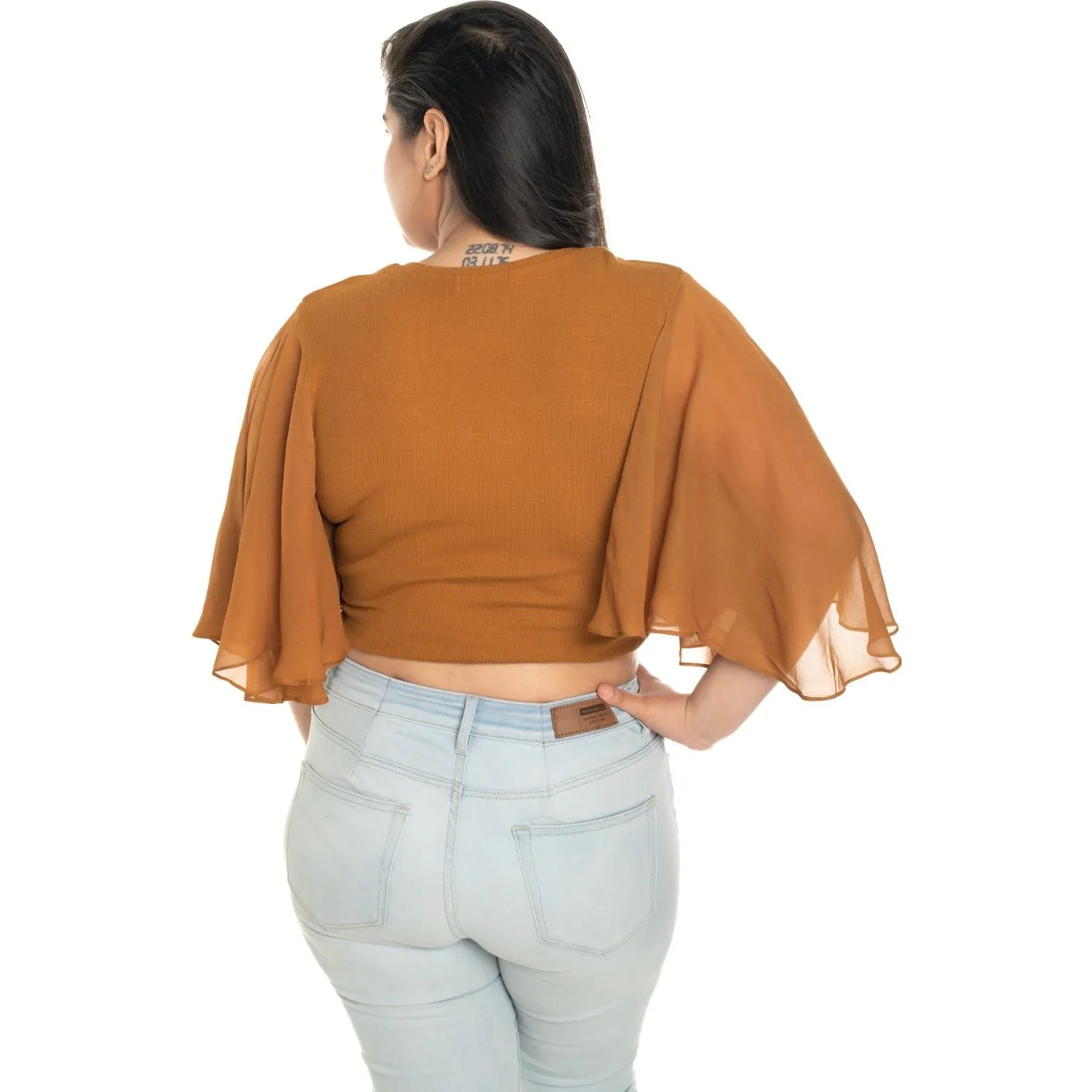 Hosiery Deep Neck Blouses - Butterfly Sleeves - Plus Size