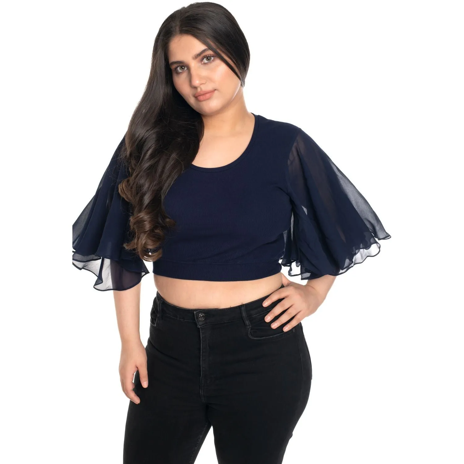 Hosiery Deep Neck Blouses - Butterfly Sleeves - Plus Size